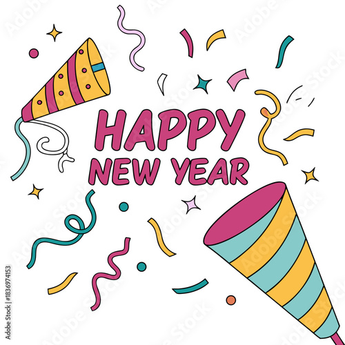 Happy New Year Party Horns Celebration