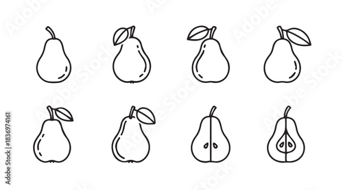 Collection of hand drawn pear fruit icons in various styles and orientations vector