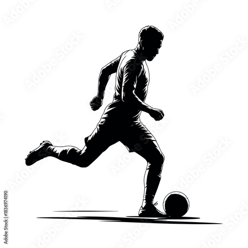 Silhouette of a soccer player kicking a ball on a white background