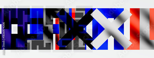 Abstract geometric composition. Rectangles, squares create complex pattern. Blue, red, gray dominate color scheme. Modern digital art.