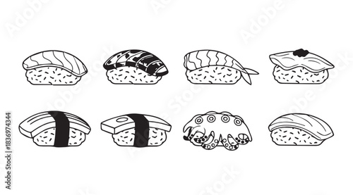 Hand drawn sushi nigiri collection featuring tuna shrimp egg and more delicious japanese food vector