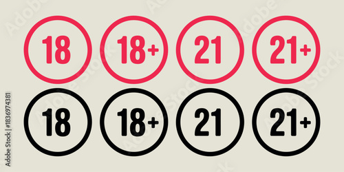 Age restriction symbols for 18 and 21 plus in red and black