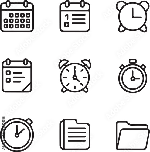 Time Management and Organization Outline Icon Set – Calendars, Alarm Clocks, Stopwatch, and Document Folders Vector