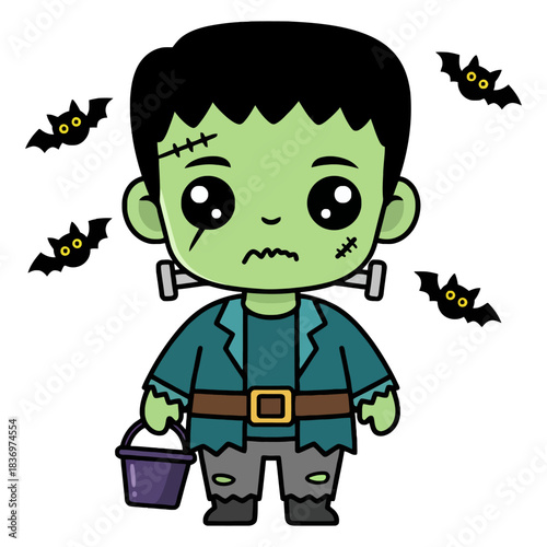 Cute Chibi Frankenstein Monster with Trick-or-Treat Bucket and Bats