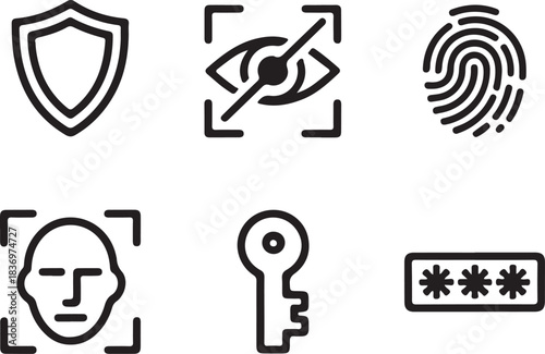 Digital Security Outline Icon Set – Shield, Privacy Eye, Fingerprint, Facial Recognition, Key, and Password Vector