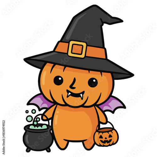 Cute Halloween Pumpkin Witch with Cauldron and Bat Wings