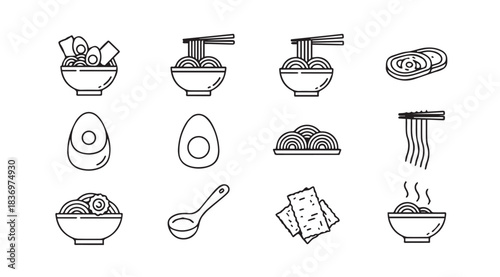 Set of hand drawn japanese food icons featuring ramen noodles sushi avocado and more vector
