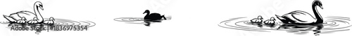 Black and White Illustration of Majestic Swans and Ducklings Floating on Water, Creating Ripples and Symbolizing Graceful Waterfowl Family and Wildlife Serenity