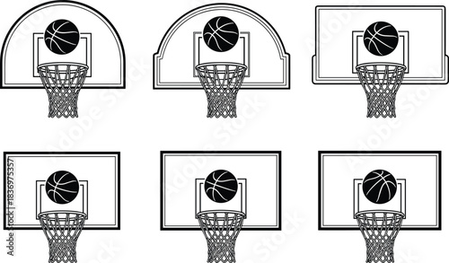 Black and White Outline Icons of Basketball Backboards and Hoops with Nets and Ball, Showing Different Court and Professional Styles.