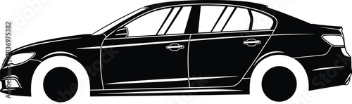 Black Sedan Car Side View Silhouette Vector Modern Luxury Automobile Design, Executive Business Vehicle, Transportation, Travel, and Urban City Driving Illustration