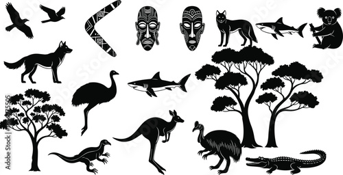Extensive Black and White Vector Collection of Australian Wildlife and Aboriginal Culture Icons, Featuring Animals, Trees, Boomerang, and Traditional Masks, Ideal for Travel and Nature.