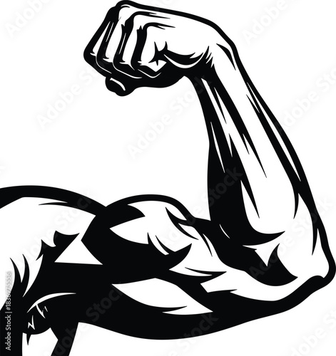Highly Detailed Black and White Illustration of a Strong, Muscular, Flexing Human Bicep and Arm, Symbolizing Strength and Power.