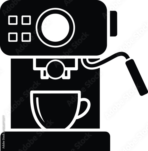lack and White Silhouette Icon of a Home or Commercial Espresso Machine with Portafilter and Steam Wand for Coffee Preparation.
