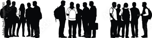 Set of Black Vector Silhouettes of Casual Groups of Young People Standing and Talking, Including Students with Backpacks, Ideal for Community and Urban Life Concepts.