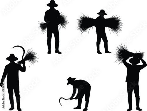 Set of Black Vector Silhouettes of Farmers Harvesting Rice or Wheat, Wearing Hats and Boots, Carrying Sheaves and Using a Sickle for Agriculture and Farming Projects.