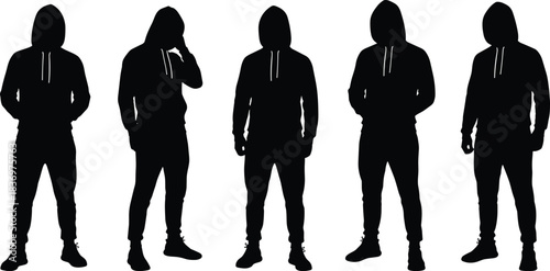 Set of Black Vector Silhouettes of Young Men Wearing Hooded Sweatshirts and Pants, Posing Casually, Ideal for Urban, Streetwear Fashion, and Youth Lifestyle Concepts.