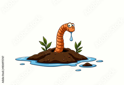 Colorful cartoon illustration of a lively orange worm emerging from the ground surrounded by puddles of water with green leaves and cheerful expression