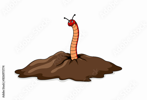 Brightly Colored Cartoon Earthworm Popping Out of Brown Soil on a White Background with Fun and Humorous Expression