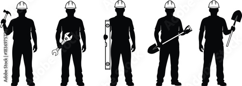 Set of Construction Worker Silhouettes Holding Job Tools like Hammer, Wrench, Level, and Shovels Representing Skilled Labor Force
