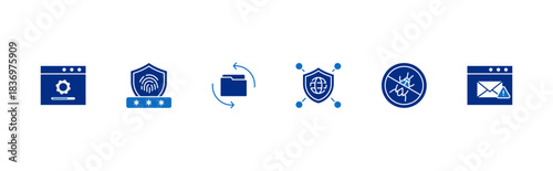 Cyber Hygiene Steps icon set containing software update, MFA, data backup, secure network, use antivirus and beware of suspicious link vector icons