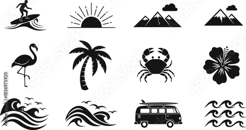 Summer Travel and Tropical Beach Vacation Icon Set Surfing,, Ocean Waves, Mountains, Flamingo, Crab, and Sunset Black Silhouette Vector Collection