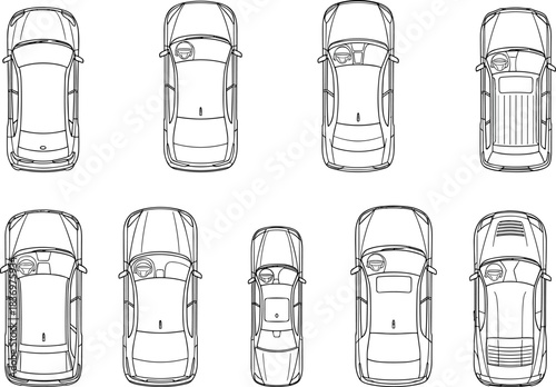 Top View Car Line Art Detailed Vector Outlines of Various Automobile Models for Technical Diagrams and Transport Designs