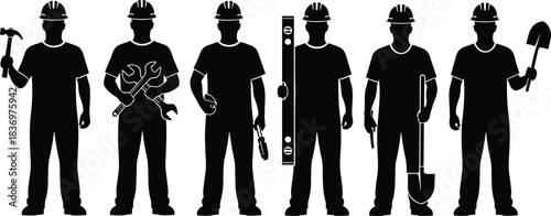 Vector Silhouette Set of Six Construction Workers Holding Various Tools Like Hammer, Wrench, Level, and Shovels for Labor Force