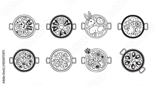 Overhead view line art collection of eight delicious meals in pots and pans vector
