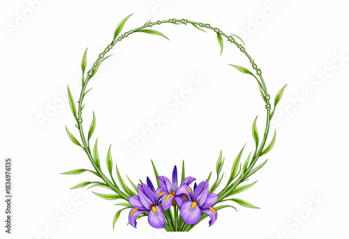 Elegant Nature-Inspired Wreath with Purple Flowers and Green Leafy Stems Forming a Circular Design Perfect for Invitations and Artistic Creations