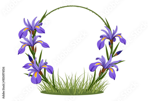 Elegant Floral Frame Featuring Purple Iris Flowers in Circular Design with Green Grass Accent on White Background