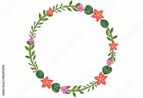 Delicate Floral Wreath Featuring Vibrant Green Leaves and Colorful Blooming Petals Forming a Perfect Circle on a White Background