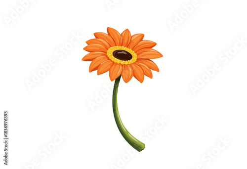 Bright Orange Flower with a Curved Green Stem on a White Background Showcasing Nature's Elegance and Minimalistic Beauty