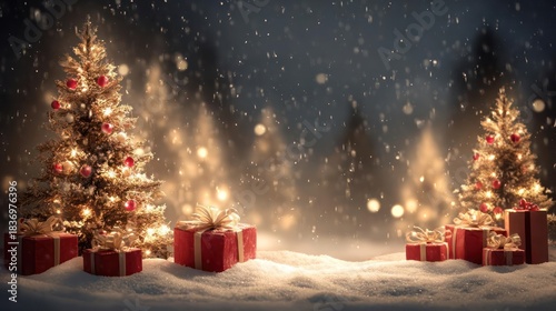 Magical winter wonderland scene with glowing christmas trees and red gift boxes under falling snow