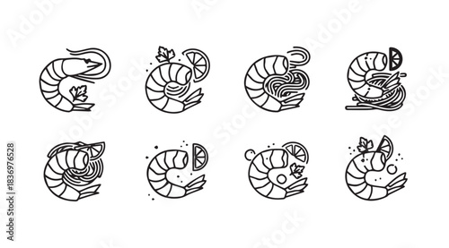Collection of shrimp icons hand drawn style seafood food delicious nautical marine life vector