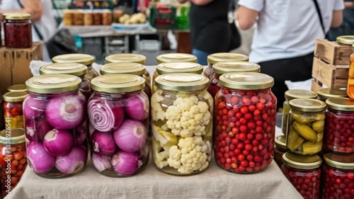Colorful array of pickled jars on display at a bustling farmers market stall