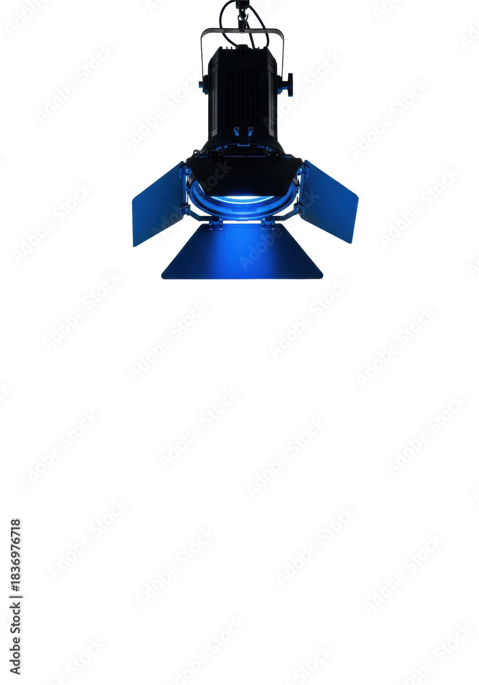 Obraz premium black heavy-duty fresnel spotlight casting a saturated deep blue collimated beam onto a transparent studio floor with copy space, cinematic lighting, concept of intense focus and isolation