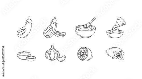 Collection of hand drawn line art food ingredients and dishes for culinary projects vector