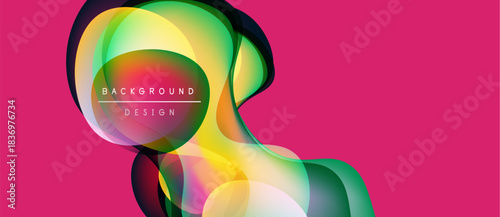 Abstract fluid shapes overlap, creating vibrant color blends. Pink backdrop emphasizes dynamic design elements. Modern, artistic composition.