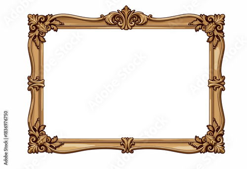 Intricately Detailed Ornate Wooden Picture Frame with Classic Carved Patterns and Empty Center on White Background for Artwork Display and Decoration