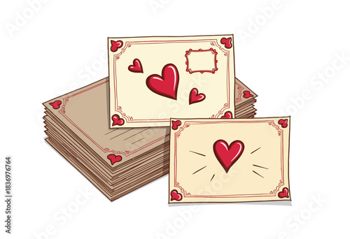 Illustration of a stack of vintage-style greeting cards featuring red hearts and decorative borders, showcasing love and affection themes in a classic artistic design