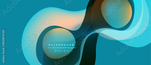 Abstract fluid shapes, teal hues dominate. Gradient colors blend, creating dynamic background design. Modern aesthetic, smooth curves present.