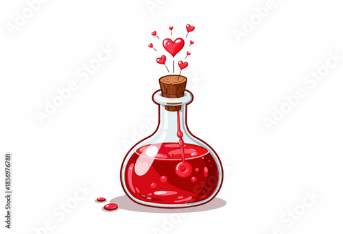 Illustration of a Love Potion Bottle Filled with Red Liquid, Topped with Floating Hearts and Sealed with a Cork Stopper Against a Simple White Background
