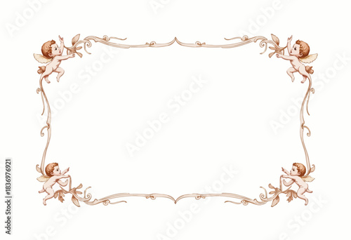 Ornate Vintage Frame with Angelic Cherubs Holding Floral Accents and Decorative Borders in a Classic Elegant Design