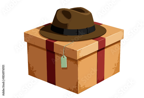 Illustration of a classic brown fedora hat resting atop a neatly wrapped gift box with a red ribbon and a blank price tag on a white background