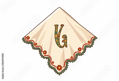 Elegant handkerchief with intricate floral patterns and monogrammed initial showcasing detailed embroidery on a crisp white background