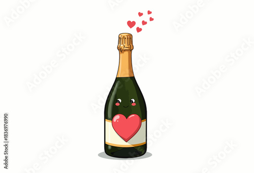 Adorable Cartoon Champagne Bottle with Heart Label and Floating Love Hearts Symbolizing Romance and Celebration