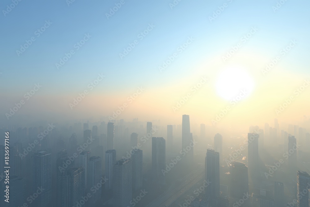 Fototapeta premium Foggy Sunrise City Skyline with Tall Skyscrapers and Soft Golden Light
