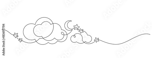 starry night sky sweet dream one line drawing continuous minimalism. cloud and moon stars decorative art copy space
