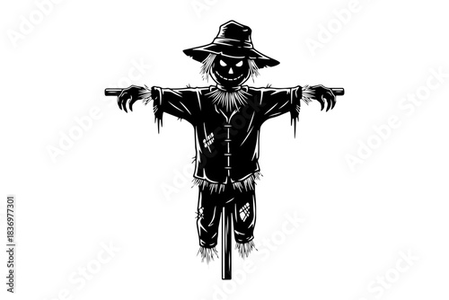 Spooky scarecrow vector illustration with menacing smile and tattered clothes, ideal for Halloween or farm-themed designs, depicting an eerie guardian
