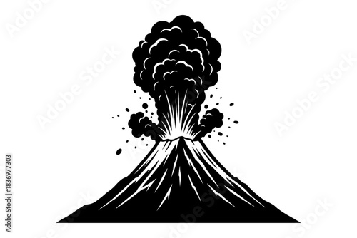 Vector illustration of a powerful volcano eruption, with dense smoke and ash plumes rising, symbolizing raw geological energy, natural forces, and the explosive might of Earth
